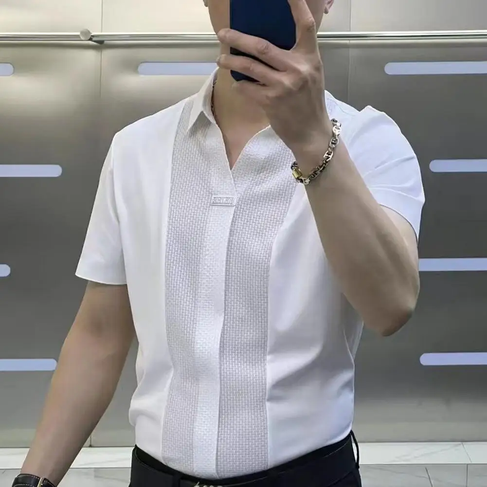 Men Short-sleeve Shirt Formal Business Style Men\'s Summer Shirt With Turn-down Collar Short Sleeves Slim Fit Patchwork Soft