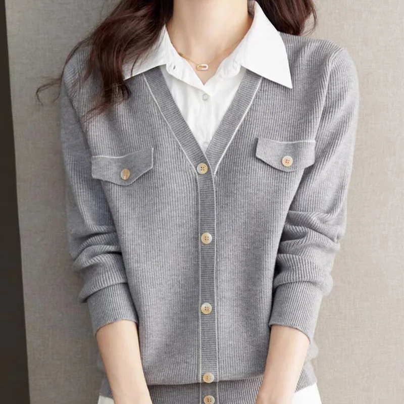 Autumn New Fake Two Pieces Tops Women Clothing Fashion Shirt Collar Sweater Vintage Casual Slim Knitted Cardigan