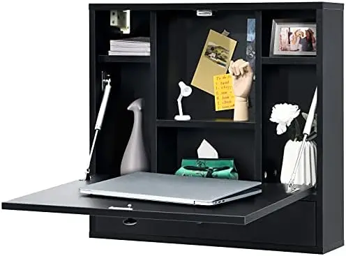 

Wall-Mounted Computer Desk, Floating Desk with Drawer & Shelves, Fold-up Desktop & Pneumatic Springs, Ideal for Home, O