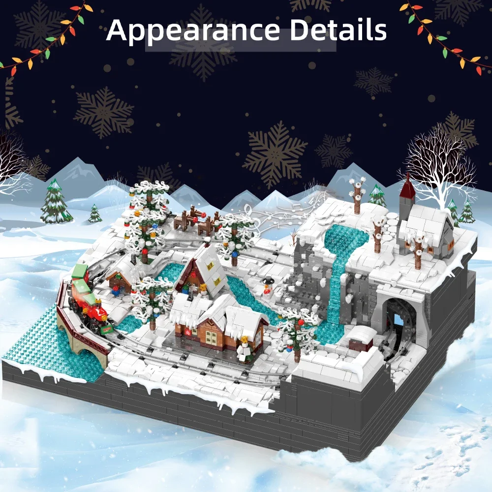 MOC รถไฟคริสต์มาส Wonderland House Building Blocks ชุดมอเตอร์สวนสนุกฤดูหนาว Snowman Tree อิฐของเล่นเด็ก Xmas ของขวัญ