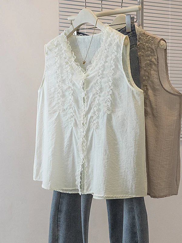 

Korean Style Lace Splice Wood Grain V-neck Shirt Women's Summer New Fashion Slimming White Sleeveless Top Trendy