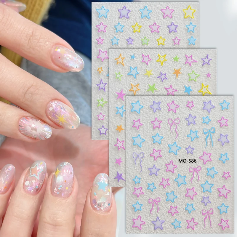 1pc 3D Cute Colorful Dopamine Star Bowknot Nail Art Stickers Star Decals Self-Adhesive Decorations For Manicure DIY Nail Design