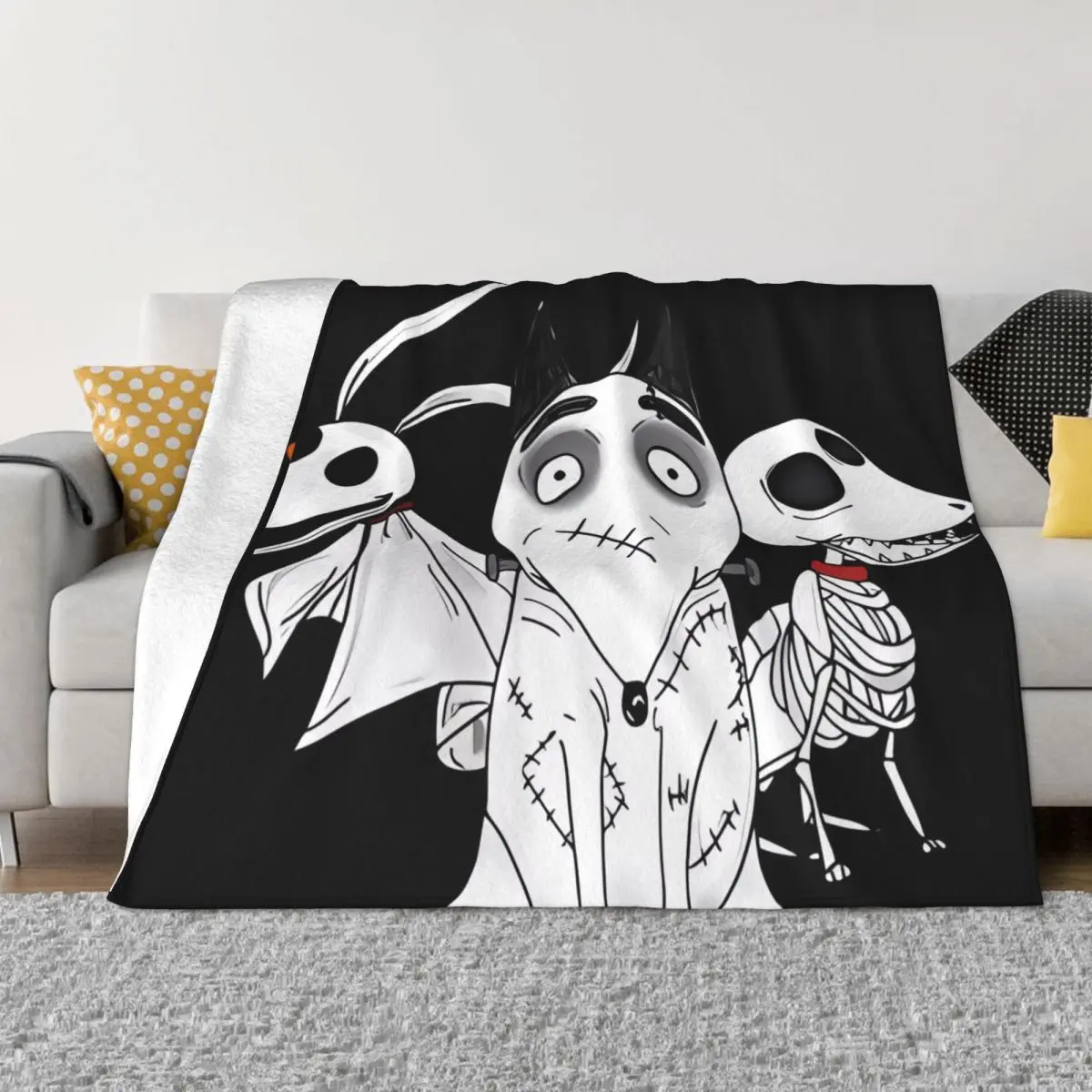 ZERO, SCRAPS And SPARKY Dog Tim Burton Movies Blanket Bedspread On The Bed Vintage Queen Bed