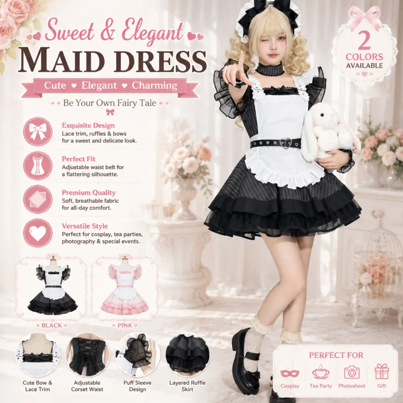 Y2K Lolita Maid Dresses Cosplay Costume, Apron Set Black White Striped, Kawaii Japanese Subculture Party Outfit, Women Girl New