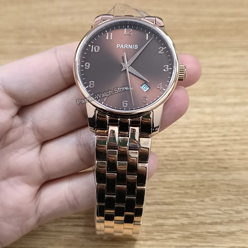 Parnis 38 mm automatico color oro rosa orologio casual da uomo in vetro zaffiro indicatore della data