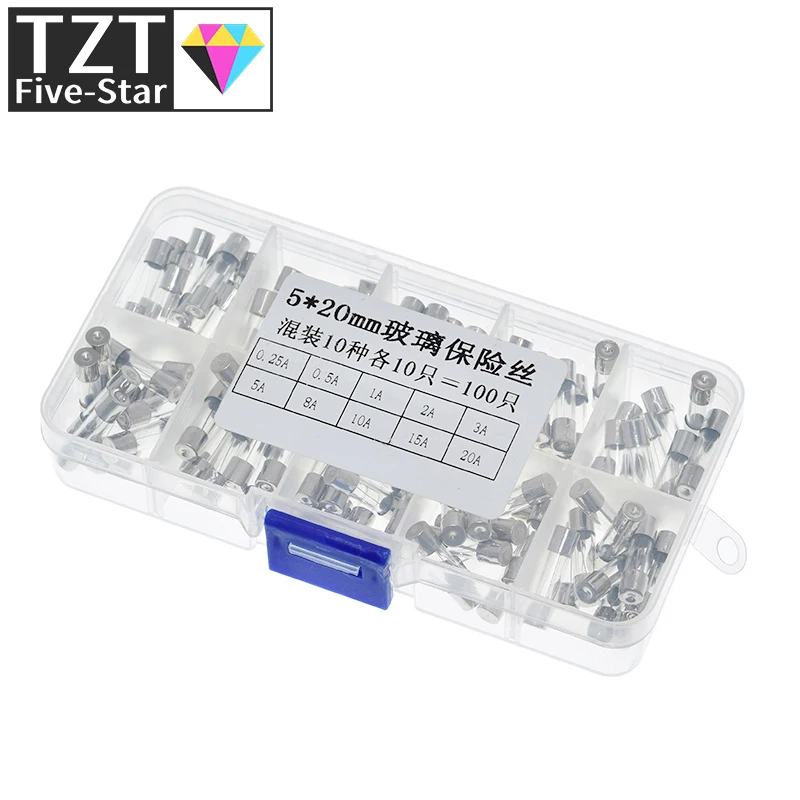 TZT 5*20 Fast Quick Blow Glass Tube Assortment Kit, 5x20MM, 0.2A,0.5A 1A 2A 3A 5A 8A 10A 15A 20A/250V+ Box