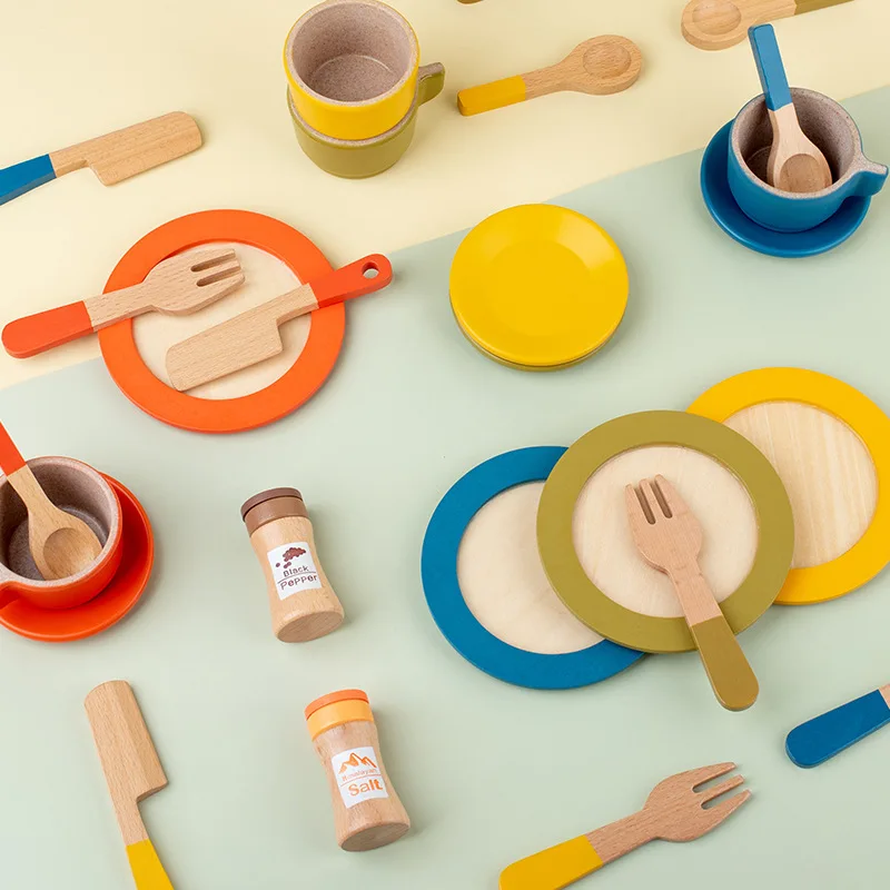 LazyChild Kids Wooden Imitation Afternoon Tea Pretend Play Cake Teapot Pastry Dessert Combination Set Early Educational Toy