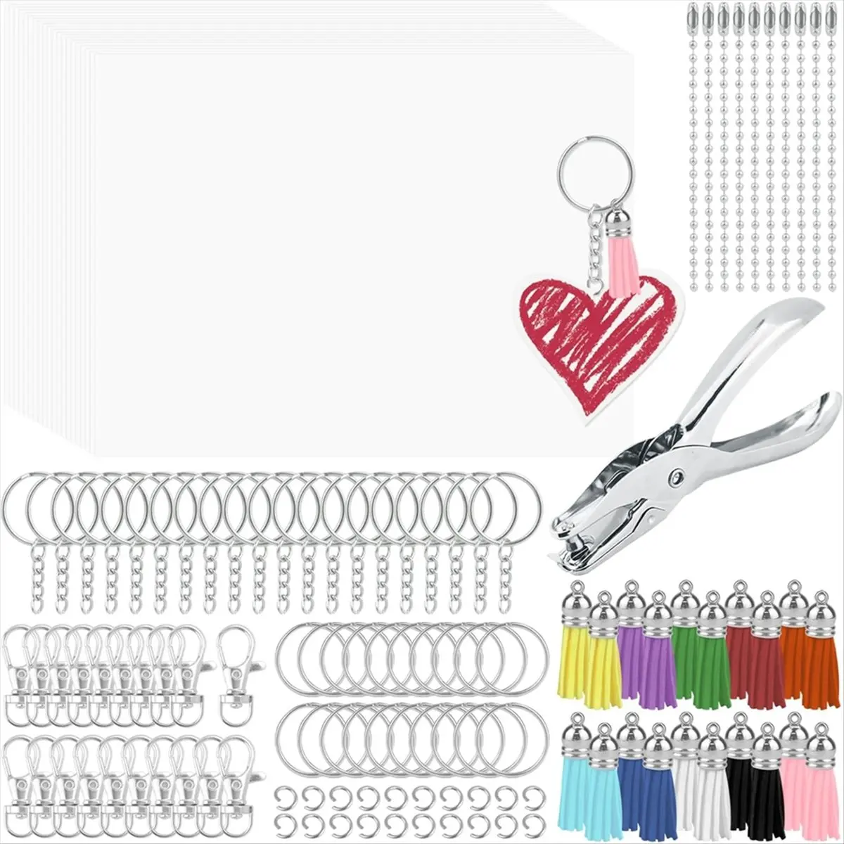 Y802A J~171 Pcs Shrinky Plastic Sheets Keychain Kit, with Key Chains Making Kit Key Rings, Tassels, Hole Punch for Keychains