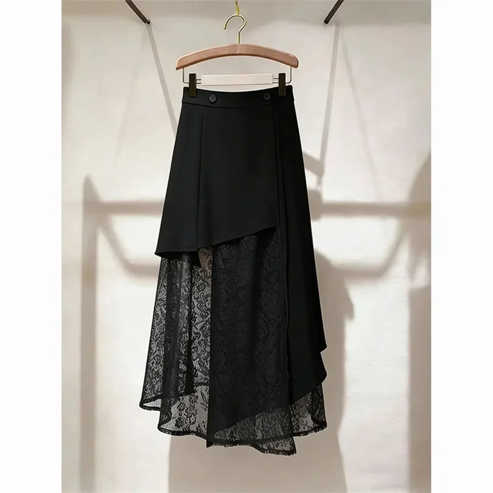 Black Asymmetrical High Waist Lace Splicing Design A-Line Long Skirt Women Premium Fashion Spring Summer Skirt Office Ladies