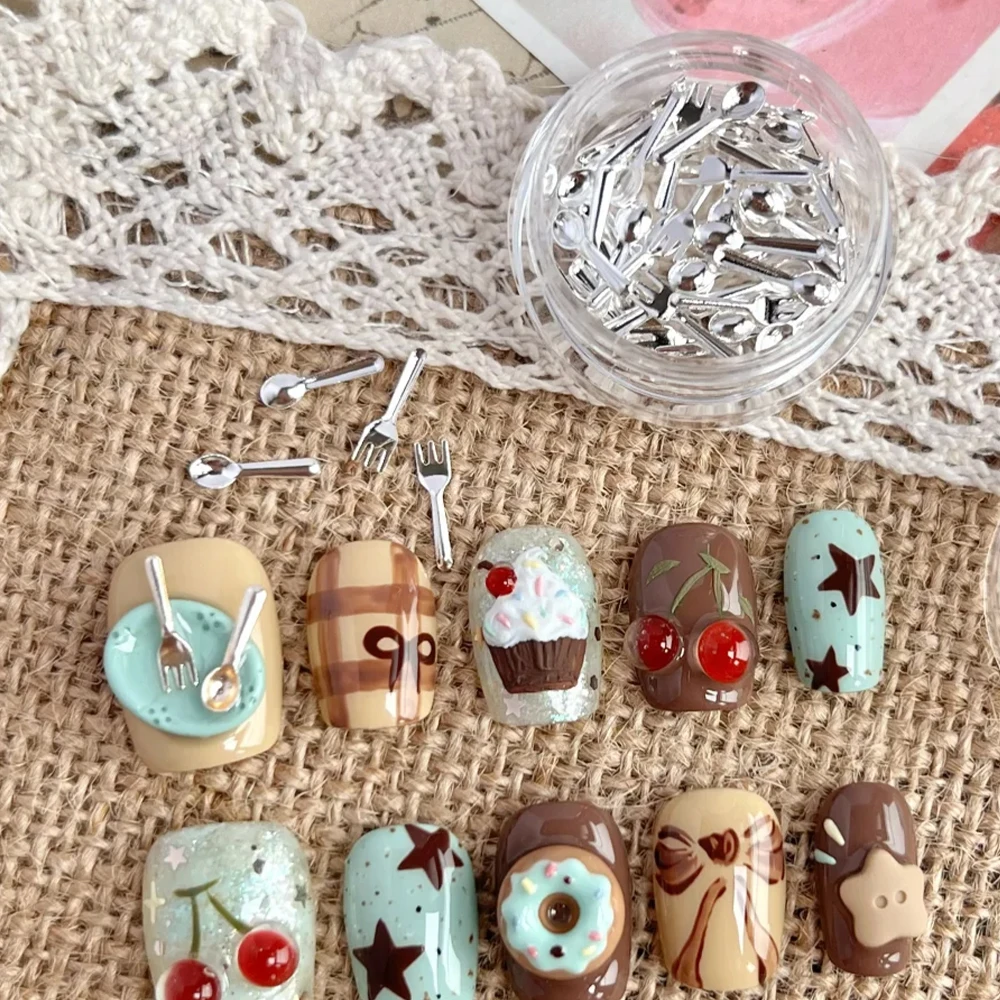 50Pcs Jar 3D Mini Spoon Fork Nail Charms, Gold Silver Aolly Tableware Nail Decors, Y2K Kawaii Korean Style Manicure Supplies DIY