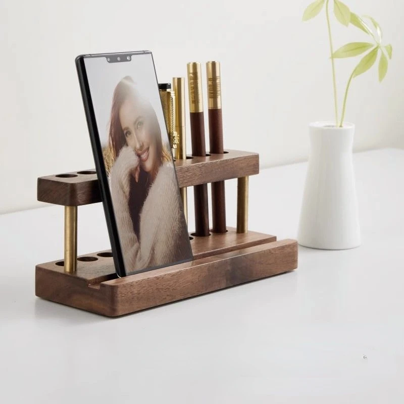 Creative Walnut Pens Holder Multifunction Soild Wood Desktop Storage Organizer Phone Stand Office School Accessories