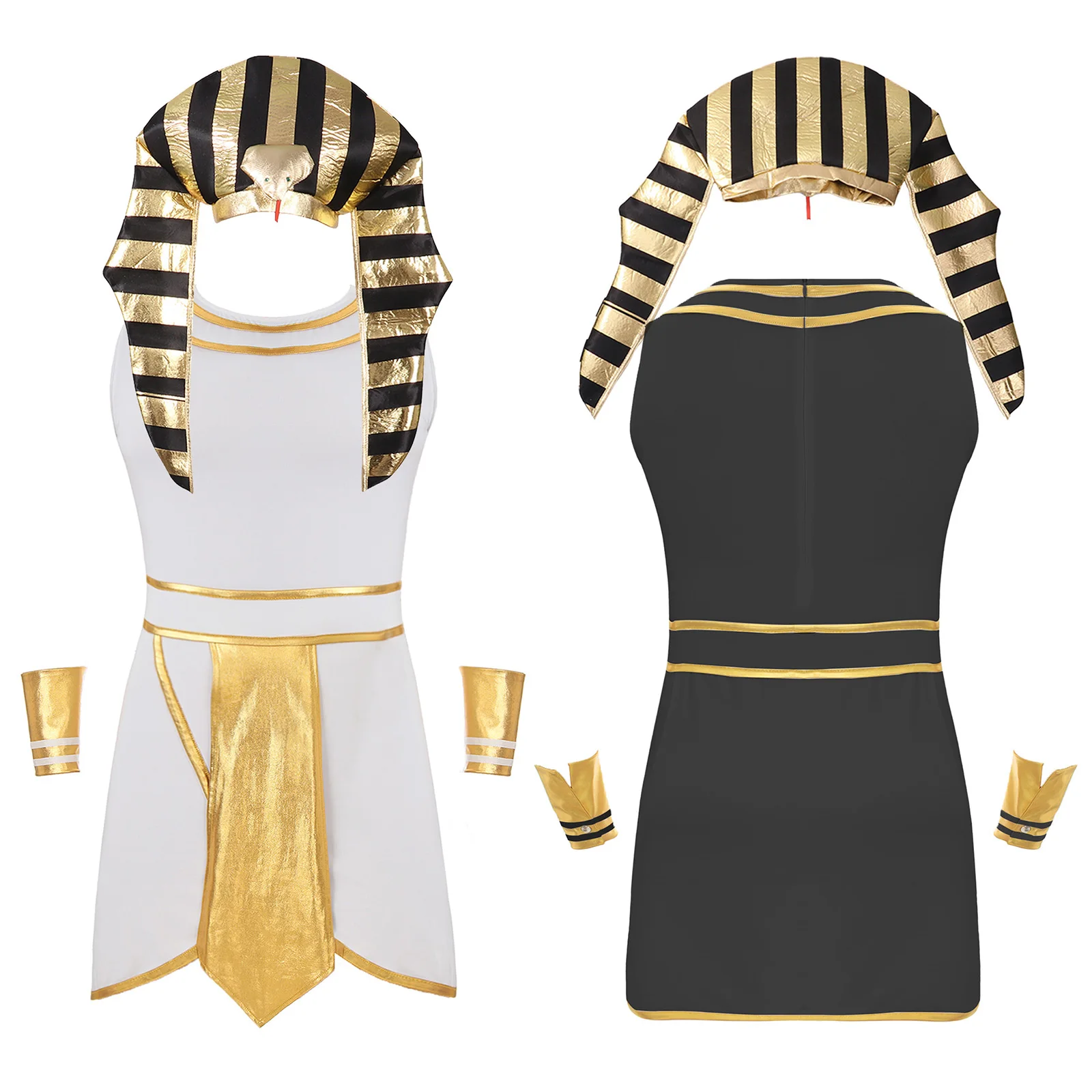 Mens Egyptian Pharaoh Costume Set Halloween Cosplay Sleeveless Contrast Color Dress with Cuffs And Snake Head Hat