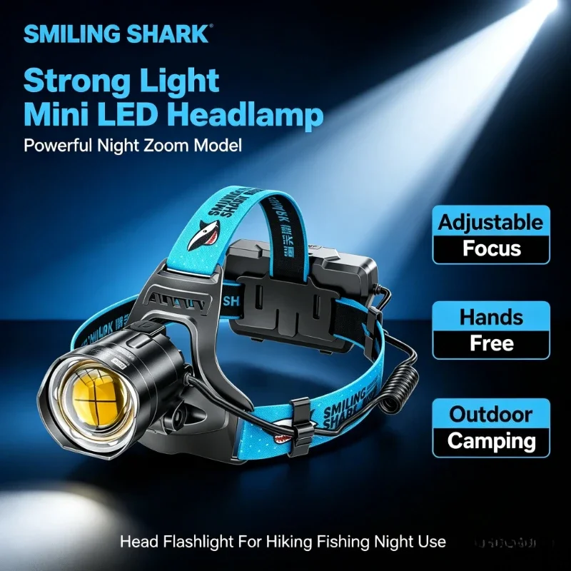SMILING SHARK Strong Light Headlamp Mini LED Powerful Night Zoom Model Adjustable Focus Hands‑free Head Flashlight K808-P100