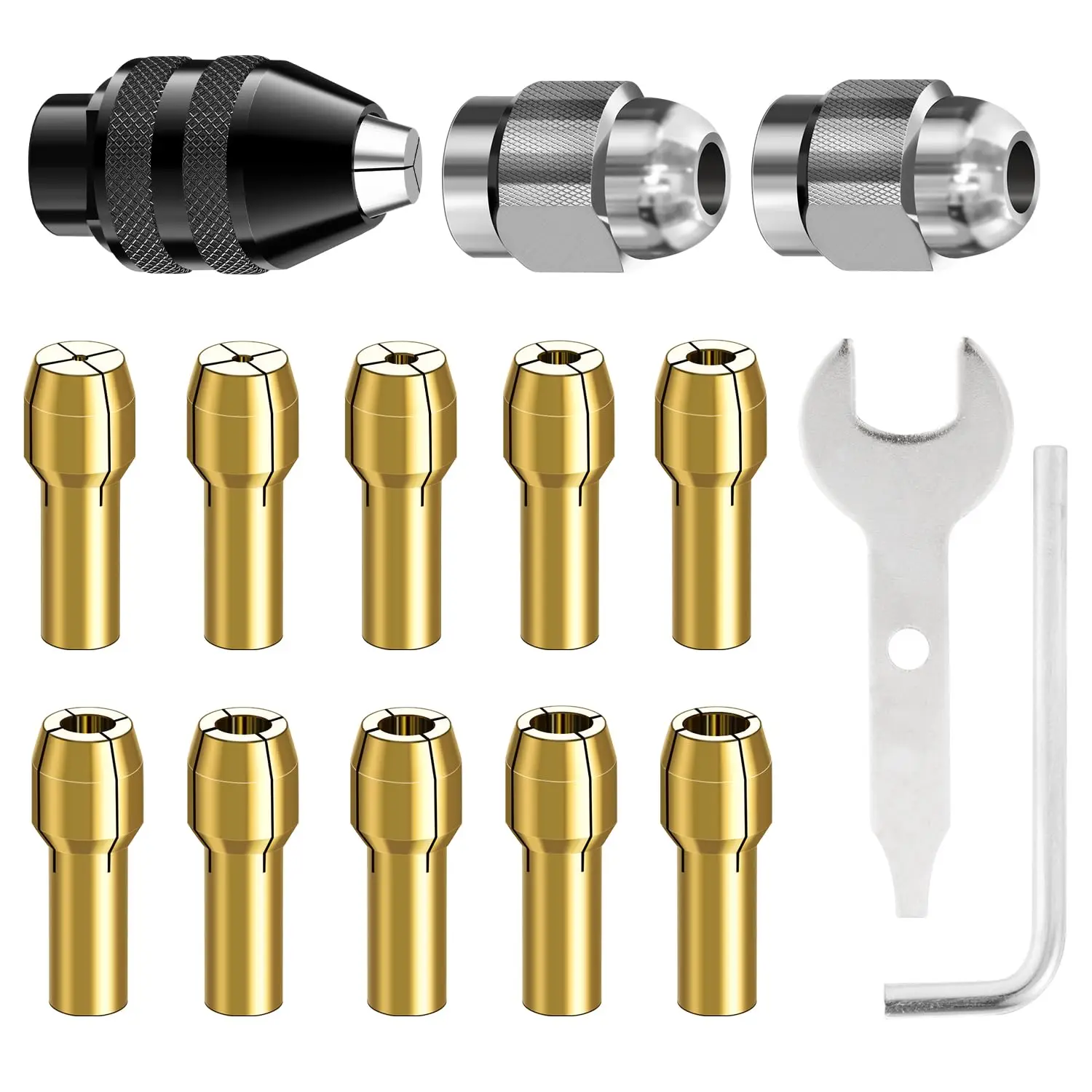 15PCS Drill Chuck Collet Set for Dremel,0.8-3.2mm Rotary Tool Collets,4486 Keyless Chuck with 4485 Brass Collet Metal Nut Kit