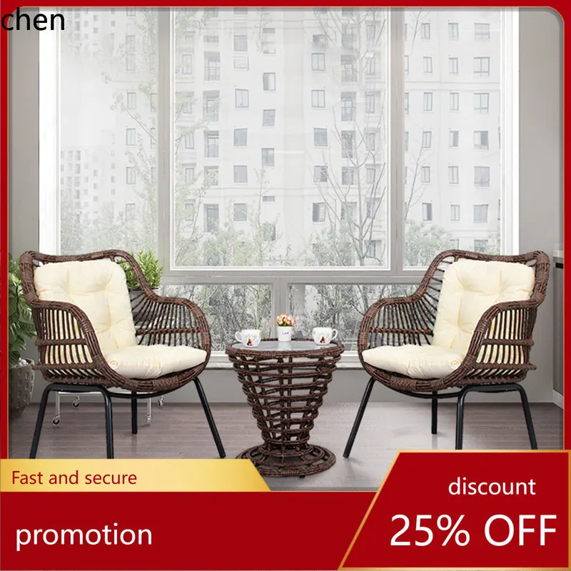 CZ Balcony Small Table and Chair Set, Leisure Outdoor Patio Rattan Chair Set, Three-Piece Terrace Rattan Chair Set