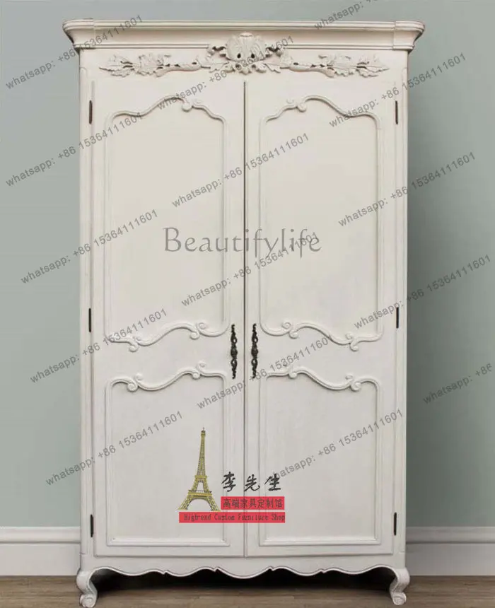 American oak solid wood carving Mediterranean old two-door solid wood wardrobe