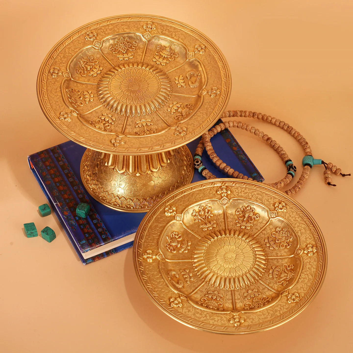 New Tibetan Pure Copper Eight Auspicious Galsang Flower Fruit Plate Carved Offering Tray for Home Buddha Worship