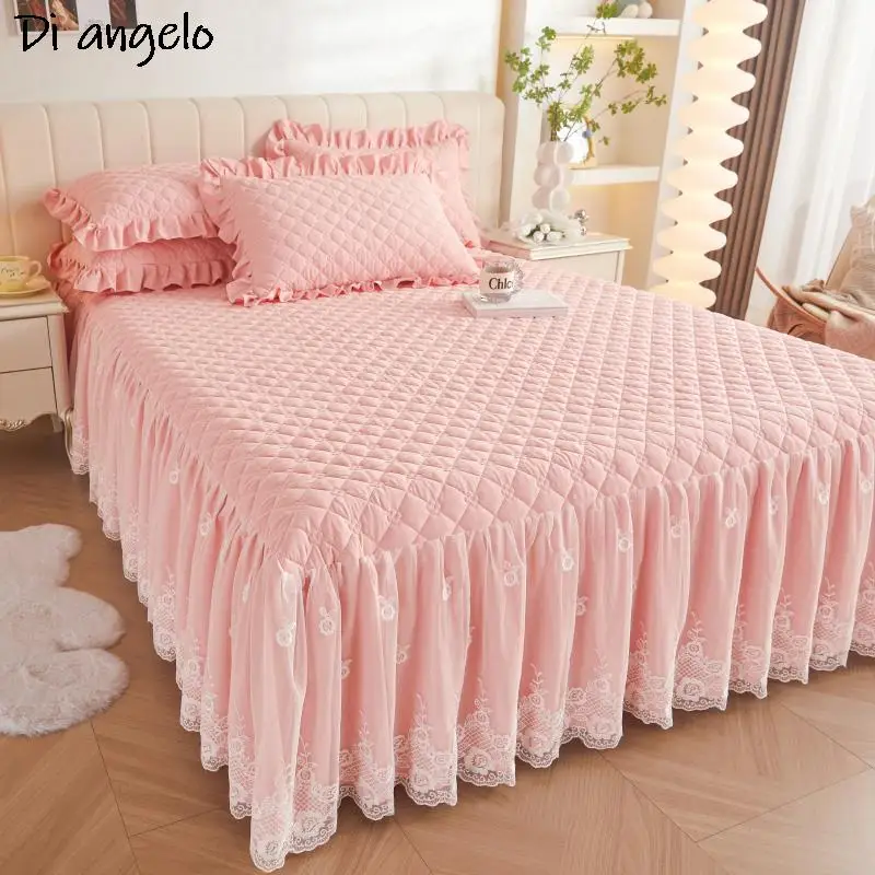 Gonna da letto ispessita di lusso rosa, lenzuolo in pizzo ricamato, coperta di copertura, gonna, federe, King, Queen, Twin, # /L