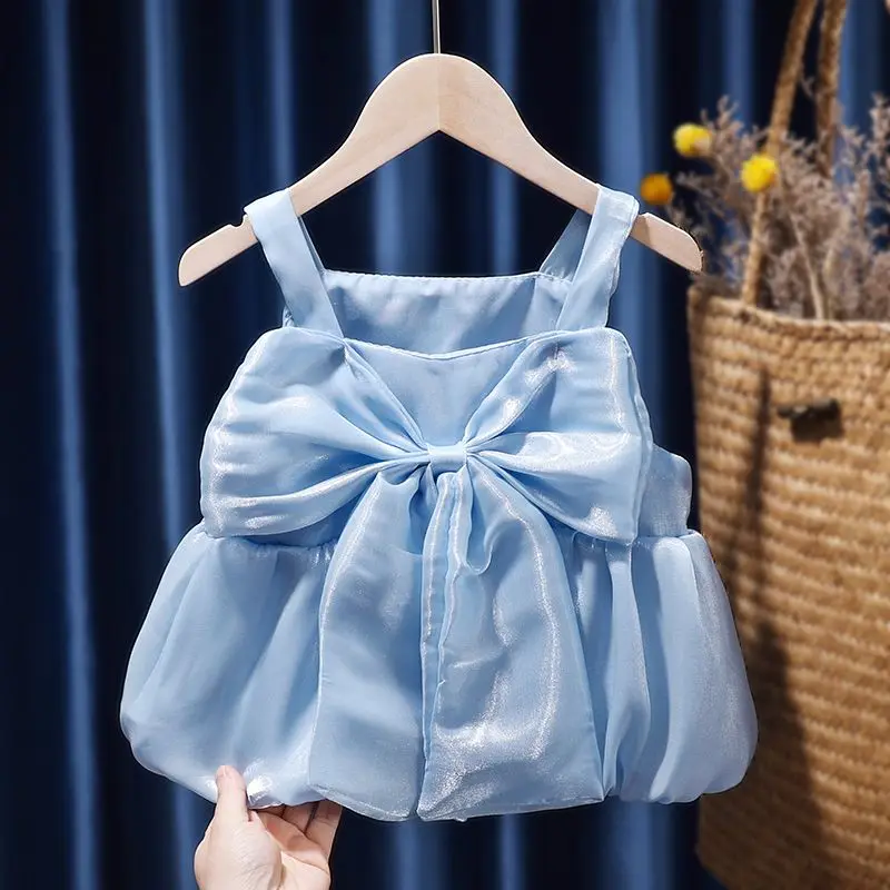 

2023 New Children's Clothing Blue Patchwork Big Bow Sleeveless Versatile Sweet Girls' Summer Pleated Suspender Vest Dresses