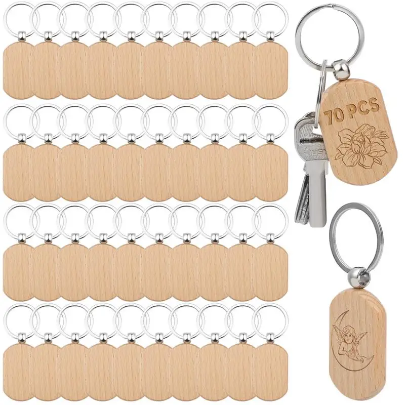 

70Pcs Wooden Keychains Engraving Blanks Wooden Blank Keychains Wood Key Chain Bulk Wooden Key Ring Key Tag For DIY Gift Crafts