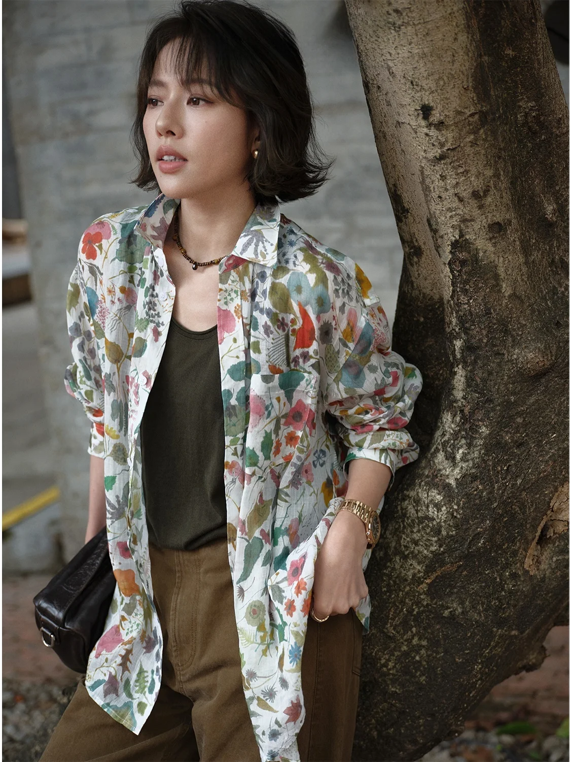 

Wdiva Breathable Flax Print Long Sleeve Collared Oversized Crew Neck Pullover Shirt Women's Minimalist Style Casual Shirt