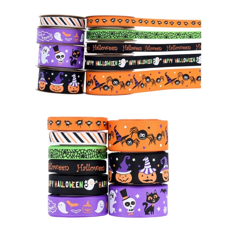 Ribbon For Halloween Gift Wrapping Spide&Witch Hat&Pumpkins&Spide Web Skull Bat Multi-Color Ribbon For Halloween