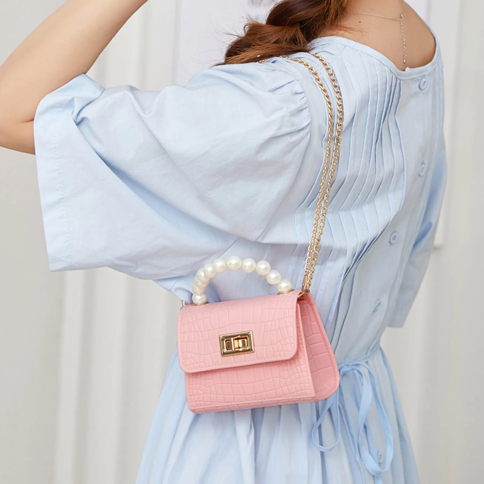 Retro Pearl Hand Bag Women Fashion Hasp Chain Small Square Handbags Daily Matching Date Fashion Crocodile Pattern Messenger Bag