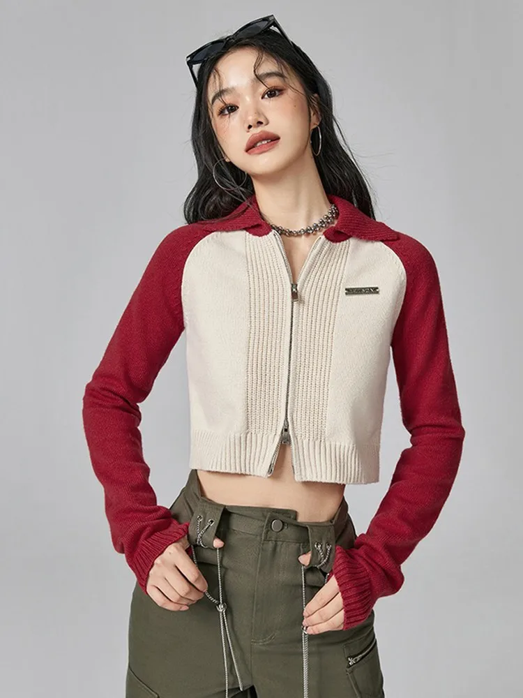 Tonngirls American Retro Knit Cardigan Women Patchwork Slim Y2k Vintage Crop Tops Streetwear Turn Down Collar Cardigan Sweater