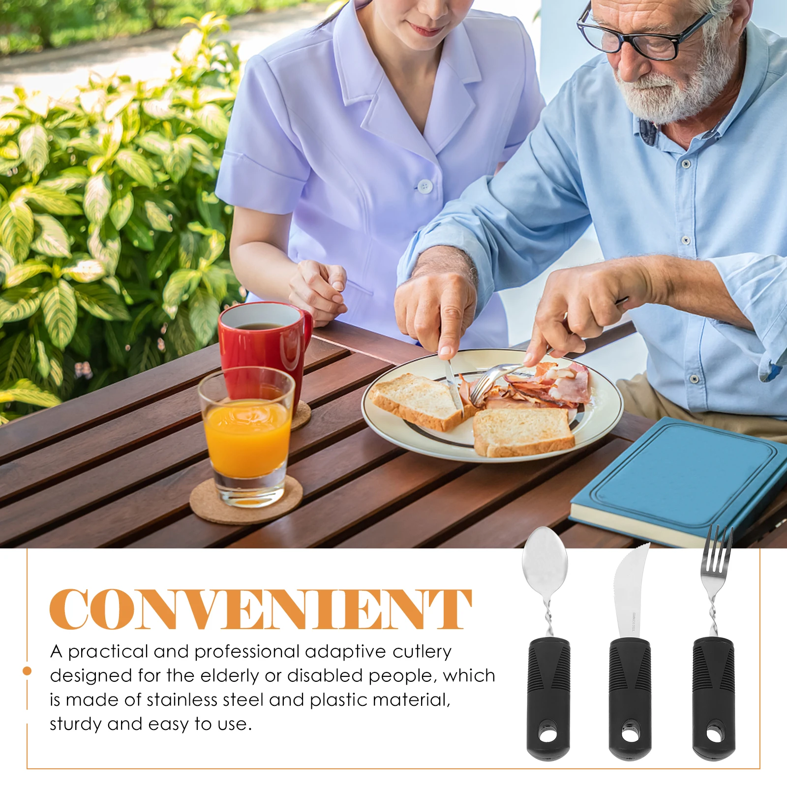 

1 set Anti Shake Tableware Knife Fork Spoon Stainless Steel Plastic Handle Non Slip Elderly Utensils Adaptive Dining Gadget For