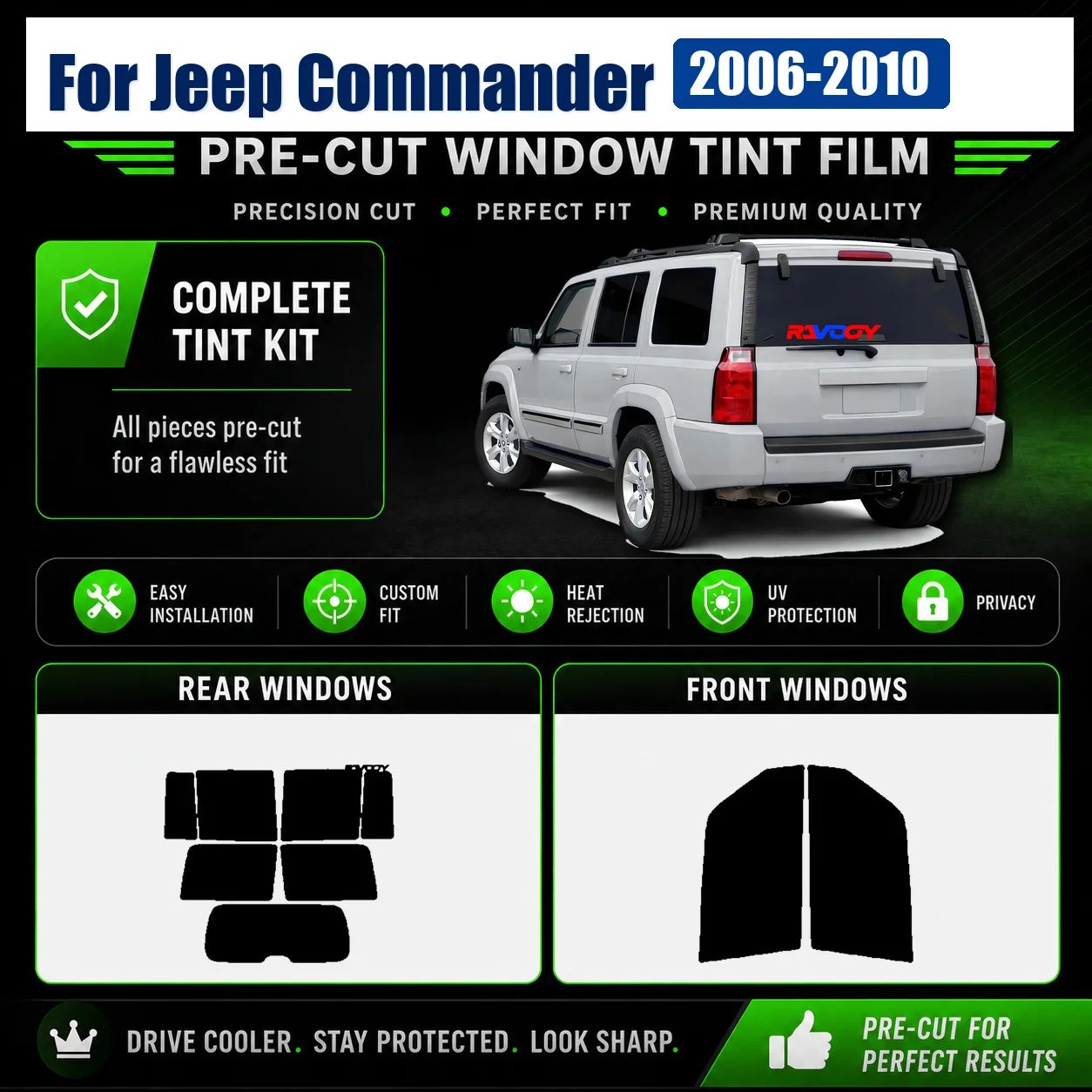 For Jeep Commander 2006-2010 DIY Front & Rear Window Glass Tint Kit Precut Glass Kit