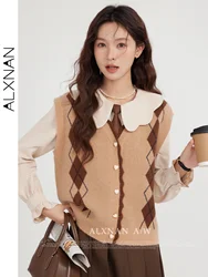 ALXNAN Argyle V-neck Knitted Sweater Vest for Women 2024 Fall Fashion Elegant Lady Sleeveless Waistcoat Sold Separately LXN31703