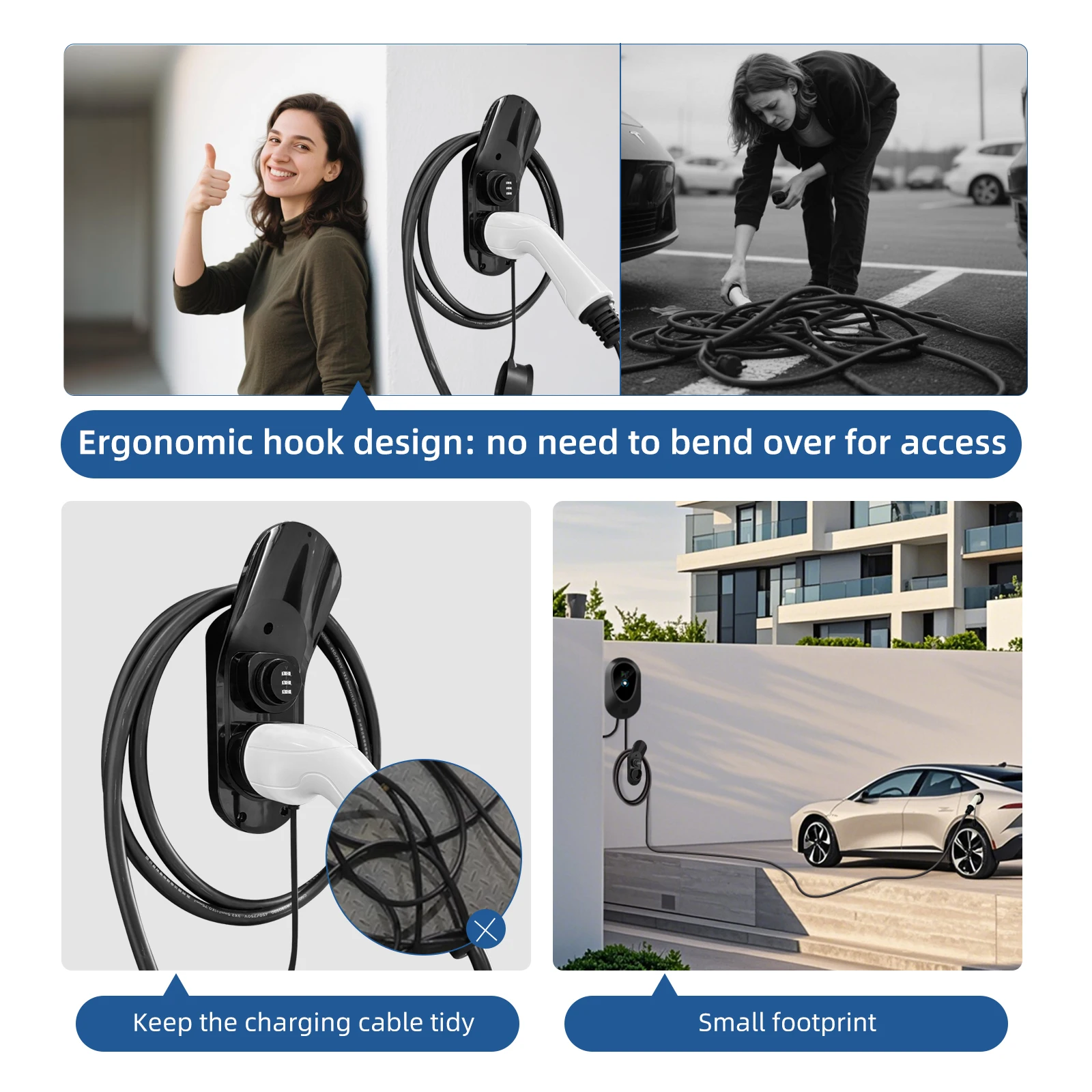 EVqiaoyi حامل شاحن سيارة كهربائية من النوع 2، مِحَق لخطوط الشحن مع قفل مضاد للسرقة، مقبس مُرَتَّب على الحائط لمقابس IEC 62196-2 #4