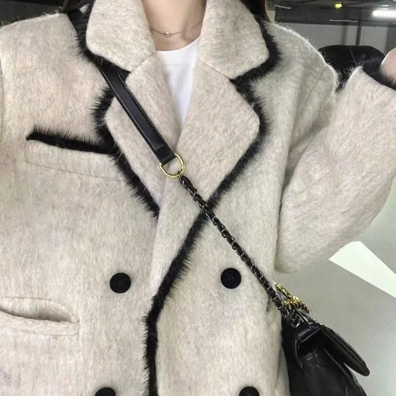 

New Women Winter Fluffy Binding Woolen Trench Coat Vintage Turn Down Collar Double Breasted Overcoat Loose Casual Female Outwear