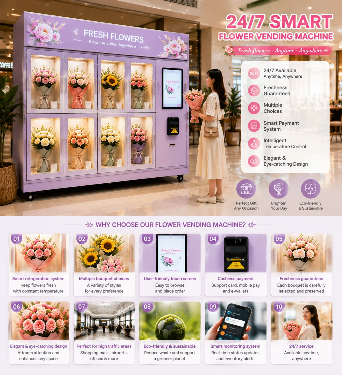 Flower Vending Machine Cooling Touch Screen Visible Glass Display 8-Grid Self-Service Outdoor Commercial Showcase Booth