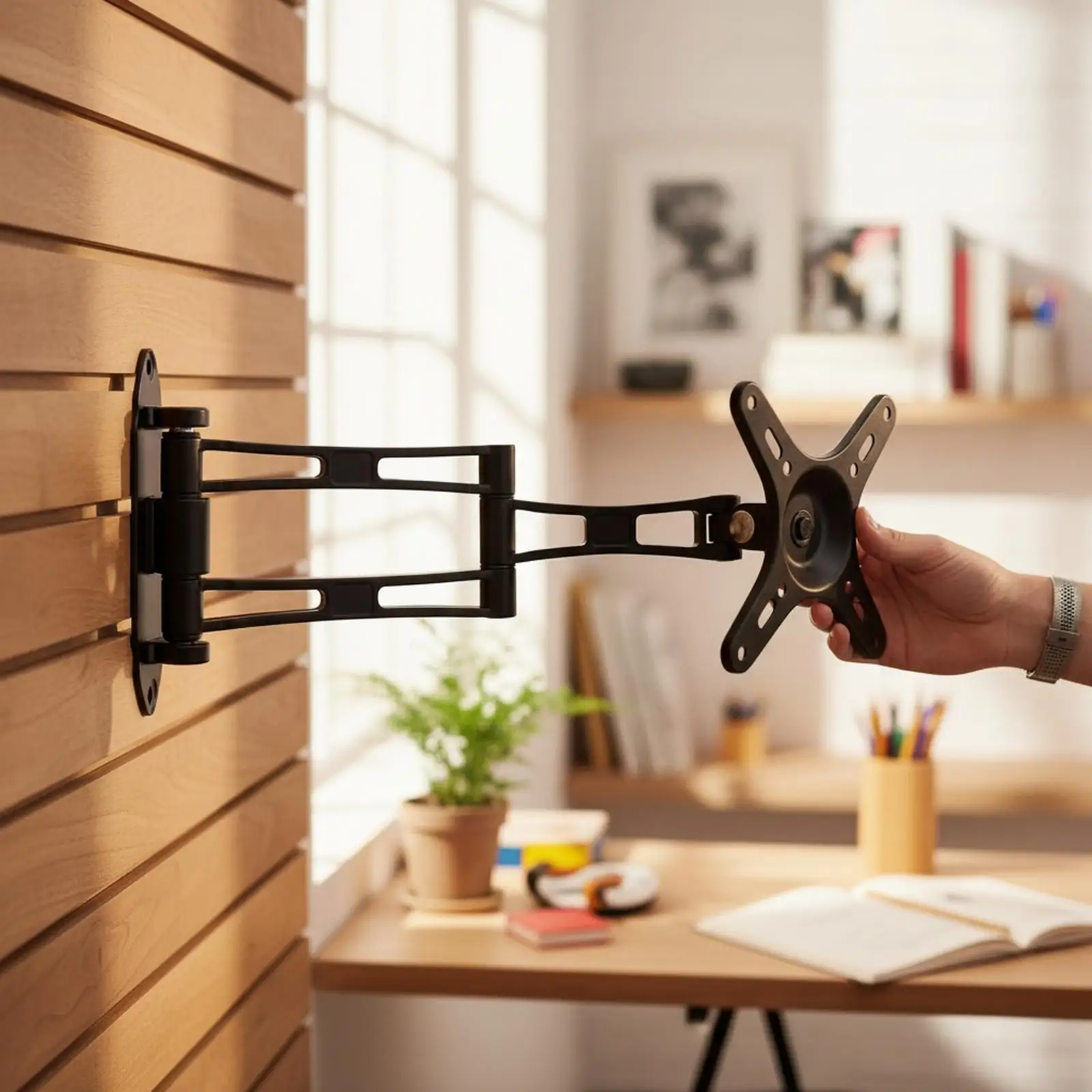 Compact Monitor Wall Mount Articulated Arm Holder for 14 Inch Screen Black Aluminum Height Adjustable Stand
