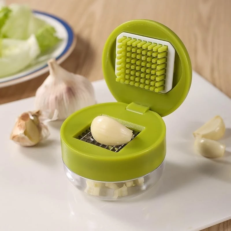 Mini Garlic Chopper with Container Stainless Steel Blades Handheld Garlic Mincer Crusher Dicer Green