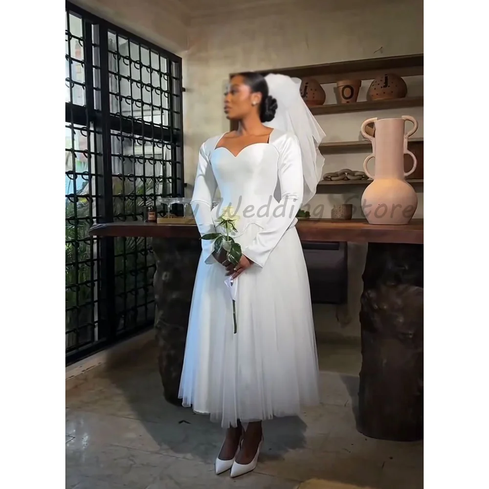 Midi Tea Length Wedding Dress Sweetheart Corset Bodice Long Flare Sleeve Peplum Tulle Skirt Short Bridal Gown view 2