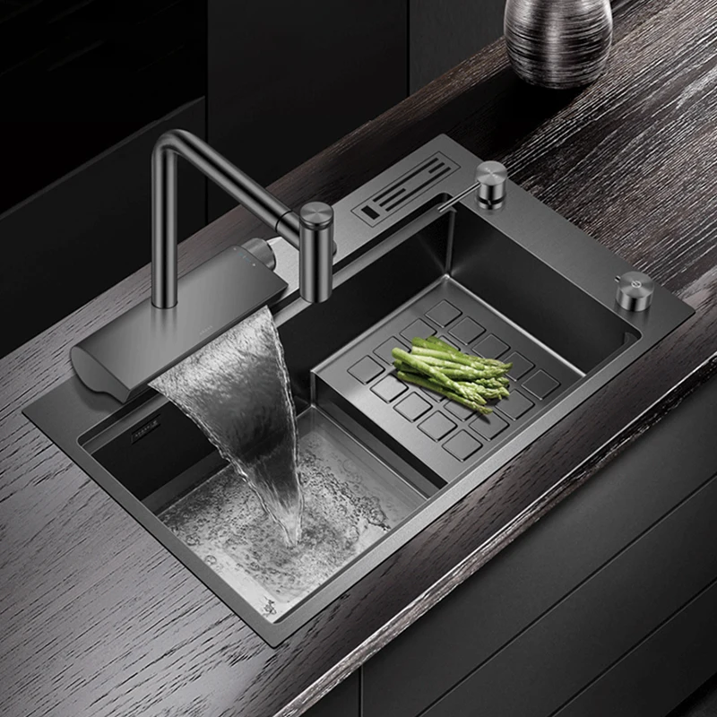 

Black Nanometer Step Kitchen Sink Single Mount Kitchen Sinks Waterfall Faucet Stainless Steel Sink