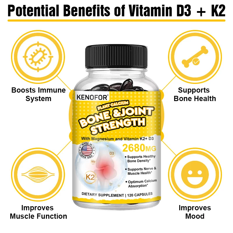 Vitamin D3 + K2 Supplement - Helps with Bone, Cardiovascular and Dental Health, Promotes Calcium Absorption and Muscle Growth