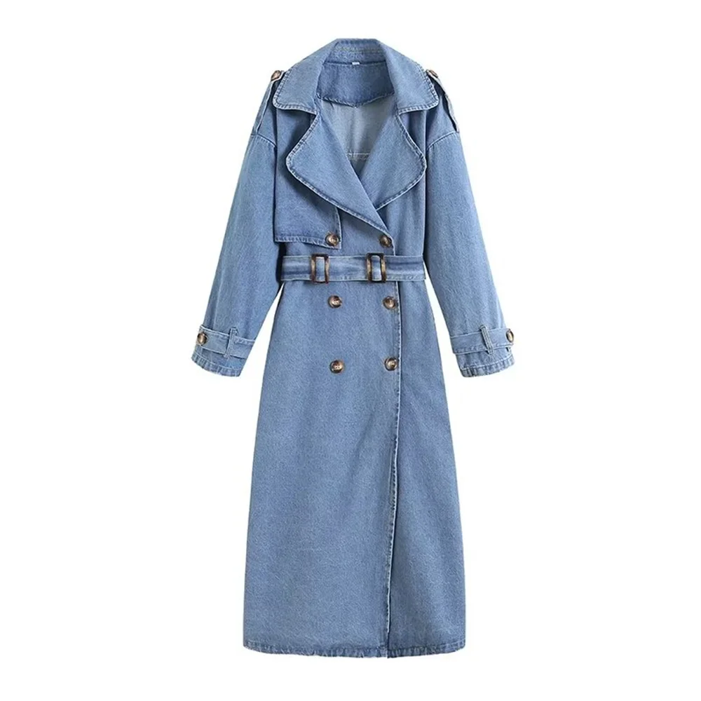 Zach Ailsa 2024 Spring New Product Women's Double breasted Polo Collar Long Sleeve with Belt Long denim trench coat