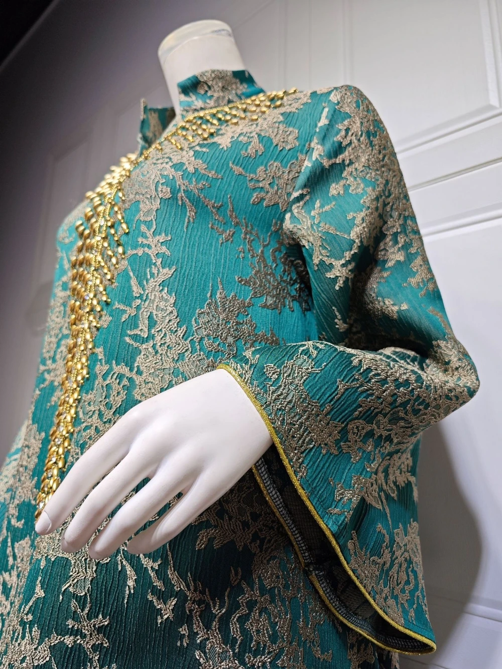 Kaftan Golden Lace Loose Evening Dress, Vintage Stand Collar Muslim Prom Gown, Stylish Beaded Gorgeous Robe, Formal Occasions