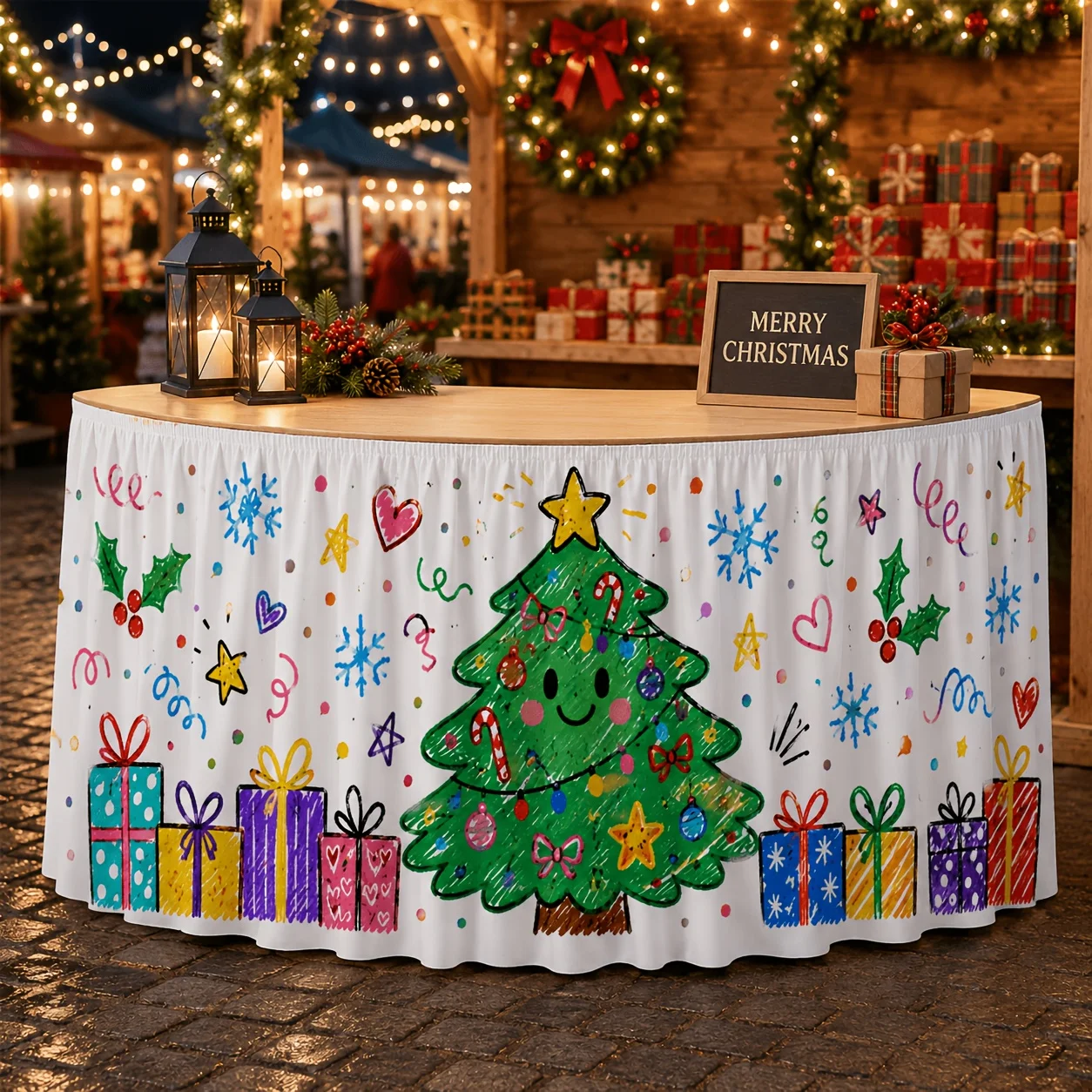 1 tablecloth table skirt, children's crayon Christmas table skirt, smiley face Christmas tree, colorful gift box.