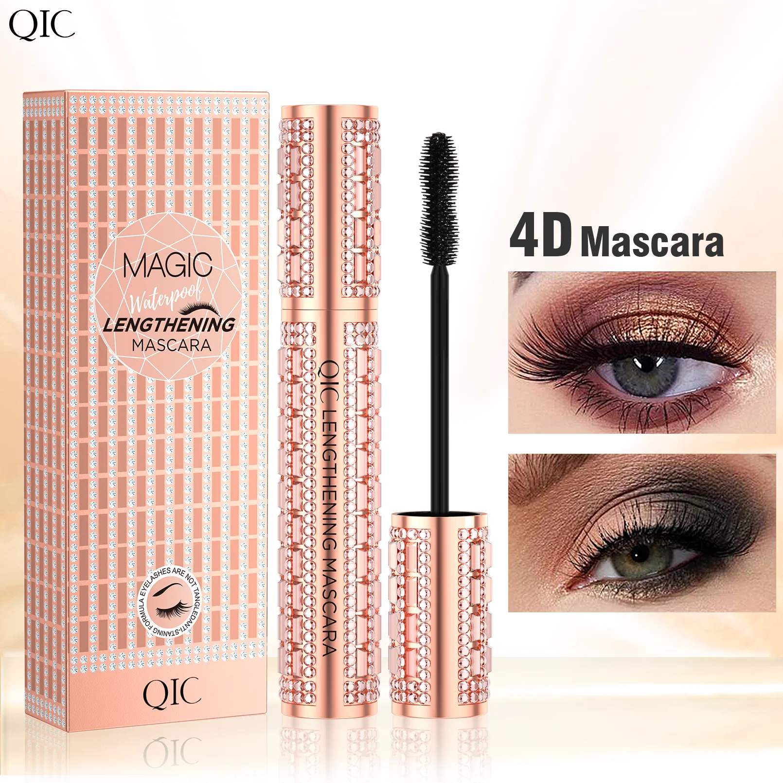 Qic moda diamante 4d rímel à prova dwaterproof água maquiagem dos olhos cosméticos amendoim escova de silicone alongamento curvado cílios secagem rápida
