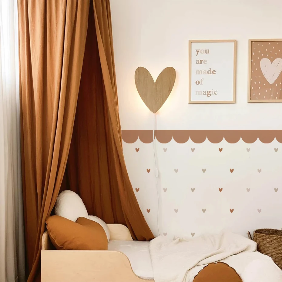 Boho Scalloped Border Heart Wall Sticker Nursery Decal Child Art Door Kids Room Girls Bedroom Bedside Living Decor Peel & Stick