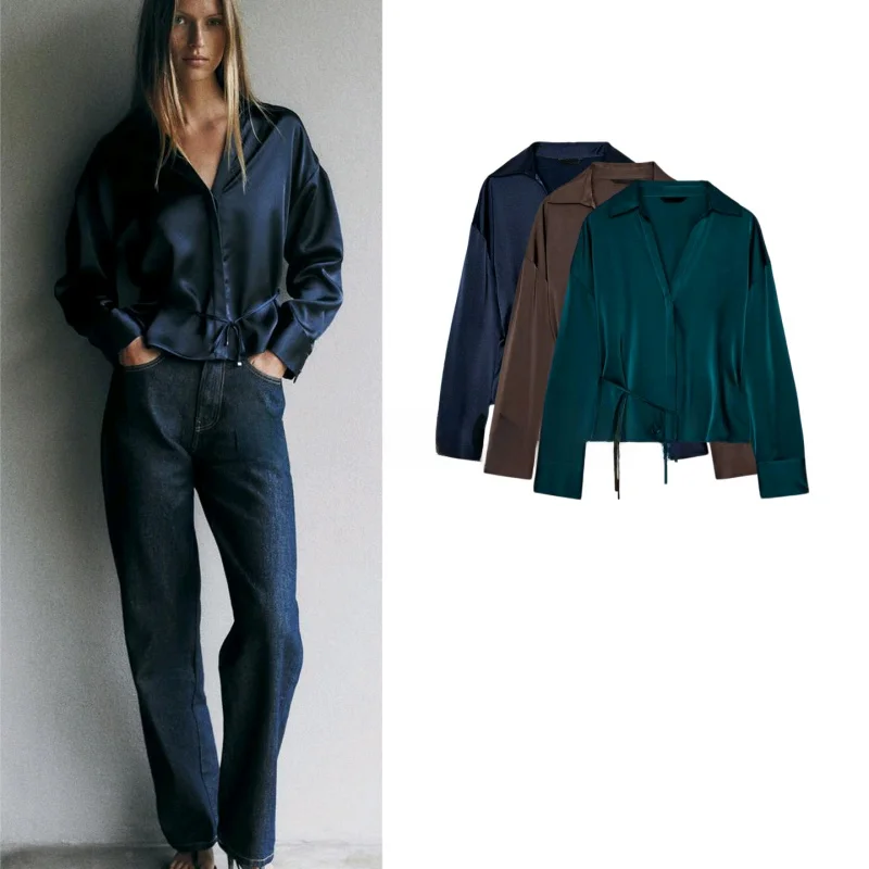

Spring New Arrival Women's Commute Style Long Sleeve V-Neck Shirt with Slim Belt Cover Button Polyester Fiber Non-Shrinkage