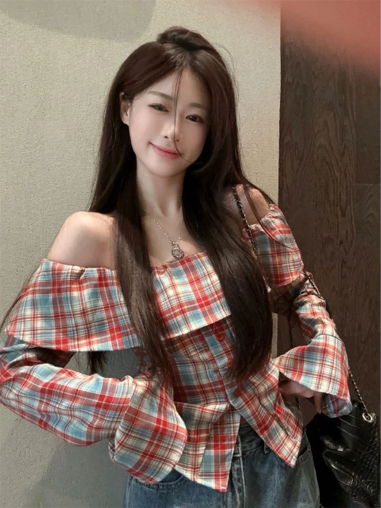 

Y2k Gyaru Blouses Slash Neck Flare Sleeve Plaid Ruffles Spring Autumn Shirts Female Slim Fashion Design All Match Women Clothing