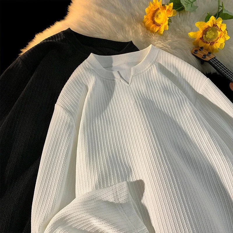 

Мужская свободная футболка с длинным рукавом и V-образным вырезом, весенняя модная коллекция, премиум-класс, белая, базовый слой, из полиэфирного волокна