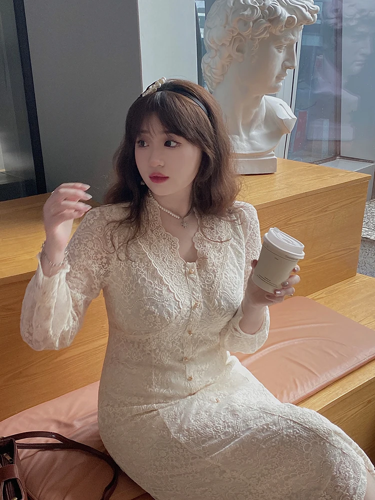 

Женское винтажное кружевное утягивающее весеннее платье больших размеров с подкладкой и высокой талией, длинное све, повседневное боди средней длины