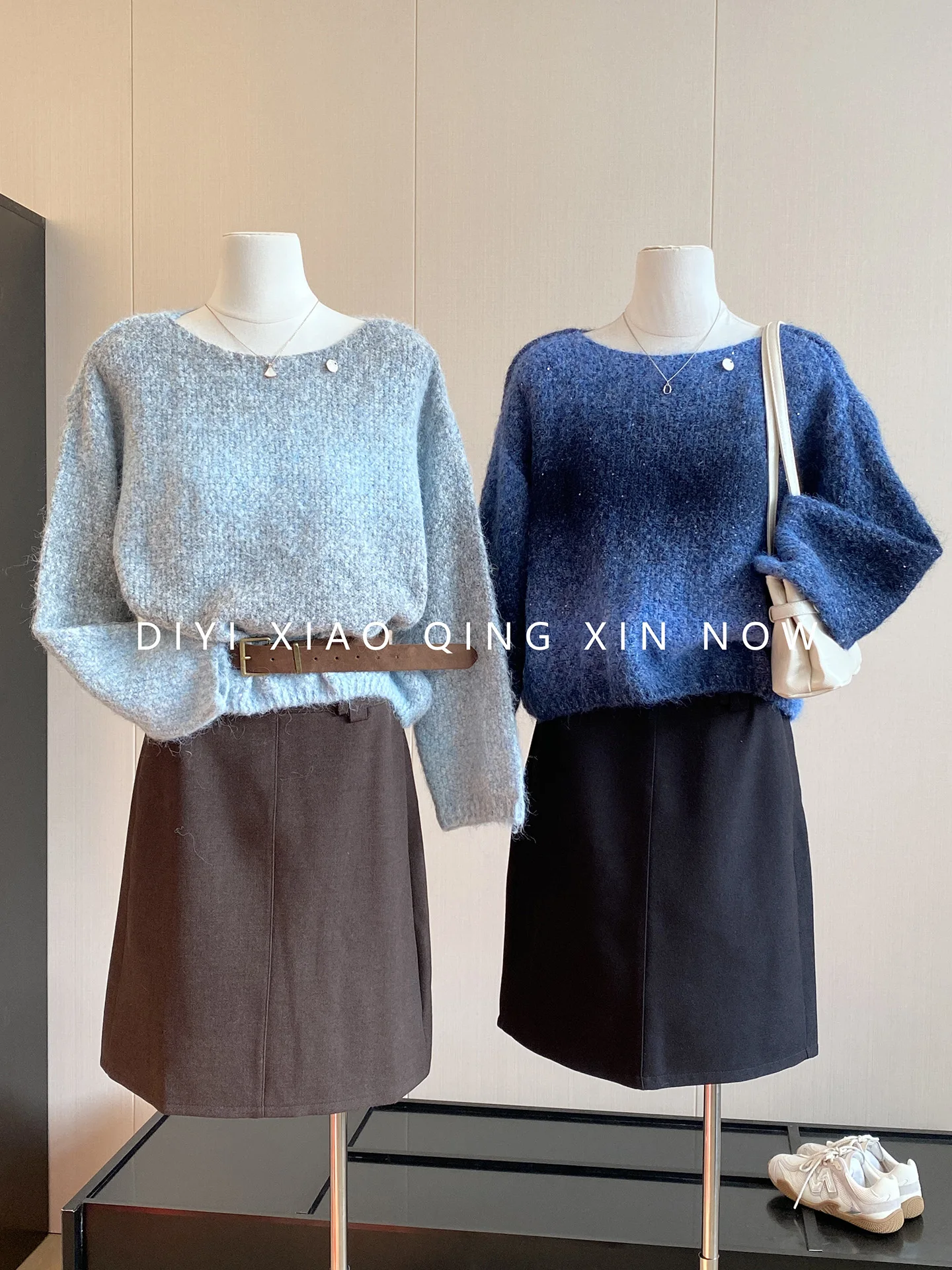 Women's Knitted Sweater round Neck Loose Fit Starry Night Blue Top Glitter Gradient Opaque Polyester Winter Atmosphere Feeling