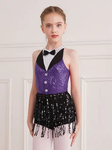 Imagen 2 del producto Vestido de leotardo latino sin mangas con flecos para niñas, traje de actuación de baile de Jazz con borlas de lentejuelas, ropa de Hip Hop a la moda